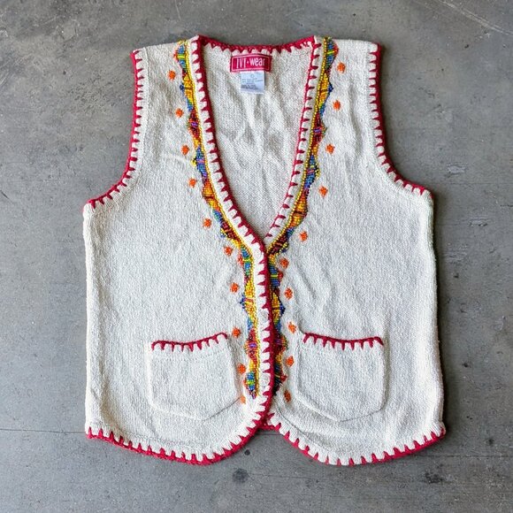 Vintage Sweaters - Vintage Southwestern Silk Cotton Beaded Knit Sweater Vest large boho fall